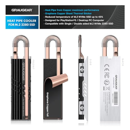 GRAUGEAR Heat Pipe Cooler for M.2 SSD Memory Extension, M.2 2280 NVMe SSD Heatsink, Pure Copper Heat Pipe, Premium Aluminum Plate-Fin Design, Thermally Conductive Graphite on Copper Foil