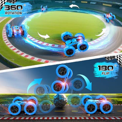 cosone Blue RC Stunt Car for Boys Kids | 2.4GHz Remote Control, 360° Spins & Double Sided Driving, LED Headlights, USB-C Rechargeable, Ages 4-8 8-12 - color: Blue Pro