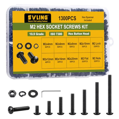 1300PCS M2 Bolt Assortment Kit, Hex Socket Button Head Screws Nuts Bolts Washer Assortment Kit 10.9 Grade Alloy Steel Black Oxide M2 x 4/6/8/10/12/16/20mm - size: M2 1300PCS Button Black