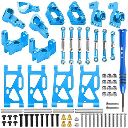 ShareGoo Aluminum Front Rear Swing Arm & Steering Knuckle Kit & Tie Rod Steering Servo Link Compatible with WLtoys 144010 144001 144002 1/14 RC Car (Blue) - color: Blue