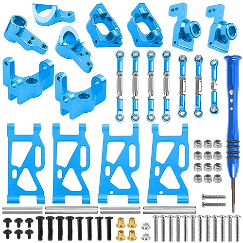 ShareGoo Aluminum Front Rear Swing Arm & Steering Knuckle Kit & Tie Rod Steering Servo Link Compatible with WLtoys 144010 144001 144002 1/14 RC Car (Blue) - color: Blue