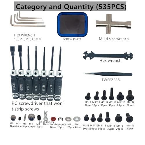 RC Car Repair Work Stand Repair Tool Set 360 Degree Rotation and 524PCS RC Screws Kit & RC Screwdrivers and Screws Pallet for 1/8 1/10 1/12 1/16 1/18 RC Crawler Truck Buggy Vehicle Scale Accessories