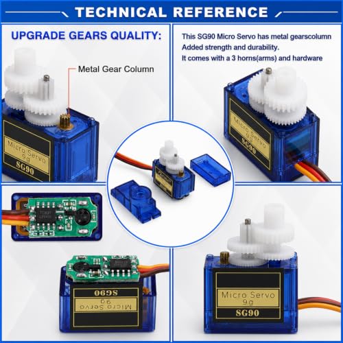 6-Pack SG90 9g Micro Servo Motor, Mini Analog, 180° | 180-degree control angle, 3-pin connector compatible with JR and Futaba, for RC car, plane, helicopter, robot arm