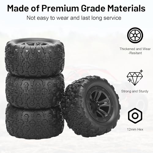 12mm Hex Hub RC Wheels and Tires, daitoku 1/16 RC Tires RC Truck Wheel Rims & Rubber Tires for 1/16 Off-Road RC Car, 16208, 16209, 16210, H16BM, H16GT, H16H