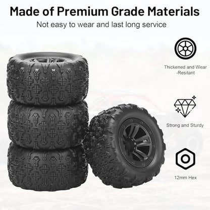 12mm Hex Hub RC Wheels and Tires, daitoku 1/16 RC Tires RC Truck Wheel Rims & Rubber Tires for 1/16 Off-Road RC Car, 16208, 16209, 16210, H16BM, H16GT, H16H