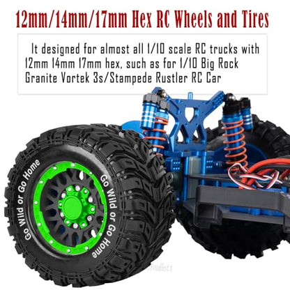 RC Truck Tires Wheel for 1/10 Big Rock Granite Vortek 3s / Stampede Rustler RC Car,4-Pack RC Wheels Tires Plastic Wheels w/12mm/14mm/17mm Replaceable Hex,Black-Green - color: Black-green- (Rc Tires Wheel)