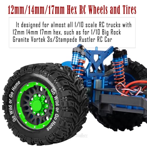 RC Truck Tires Wheel for 1/10 Big Rock Granite Vortek 3s / Stampede Rustler RC Car,4-Pack RC Wheels Tires Plastic Wheels w/12mm/14mm/17mm Replaceable Hex,Black-Green - color: Black-green- (Rc Tires Wheel)