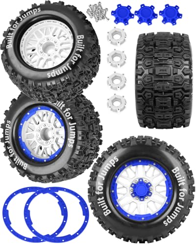 1/8 1/10 17mm Hex RC Truck Tires,Wheels and Tires for 1/10 E-Revo T-Maxx Summit,1/8 Kraton Outcast 6S,Sledge,Buggy Rubber Tyres and Rims w/Foam Insert for RC Off-Road Car,White-Navy Blue - color: White&navy Blue(4pcs)