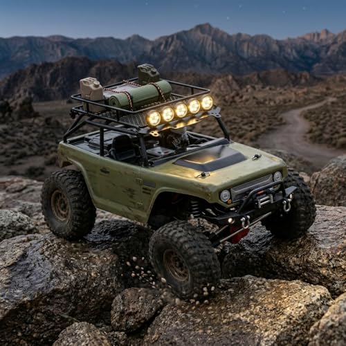 RC Car Roof Rack, Middle Size Roof Rack Luggage Carrier with 4 Round LED Lights for Axial SCX10 1/10 RC Crawler Car(4 White Light Color)
