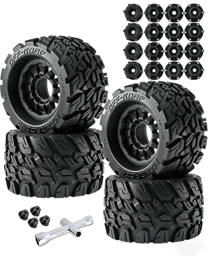 RC Truck Tires Wheel 12mm/14mm Hex for 1/10 Big Rock Granite Vortek/Stampede Rustler Hoss/Axia1/L0s1/Redca t/Rc 4wd,4-Pack RC Wheels Tires,Black - color: Black for 1/10 Arrma