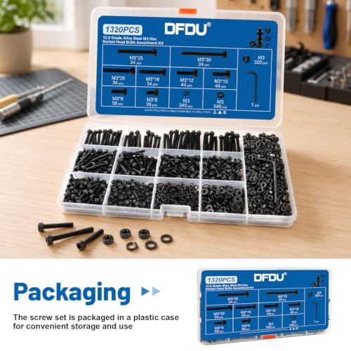 1320PCS M3 Socket Head Screws Nut and Washer Assortment Kit 12.9 Steel | M3-0.5 x6/8/10/12/16/20/25/30mm Black Zinc Plated Metric Bolts with Storage Case, prevents stripped heads during RC/DIY build - size: G12.9 M3 1320PCS