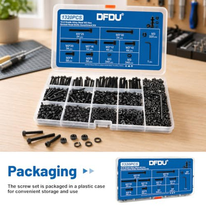 1320PCS M3 Socket Head Screws Nut and Washer Assortment Kit 12.9 Steel | M3-0.5 x6/8/10/12/16/20/25/30mm Black Zinc Plated Metric Bolts with Storage Case, prevents stripped heads during RC/DIY build - size: G12.9 M3 1320PCS