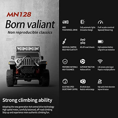 1/12 RC Rock Crawler MN-128, 4x4 4WD RC Jeep Truck, 2.4GHz Remote Control Off Road Car with LED Lights for Adults, Hobby Grade RTF Toy Vehicle Gifts（Black） - color: Black