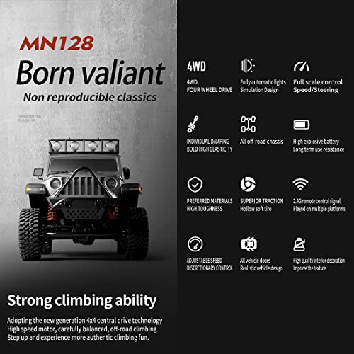 1/12 RC Rock Crawler MN-128, 4x4 4WD RC Jeep Truck, 2.4GHz Remote Control Off Road Car with LED Lights for Adults, Hobby Grade RTF Toy Vehicle Gifts（Orange） - color: Orange