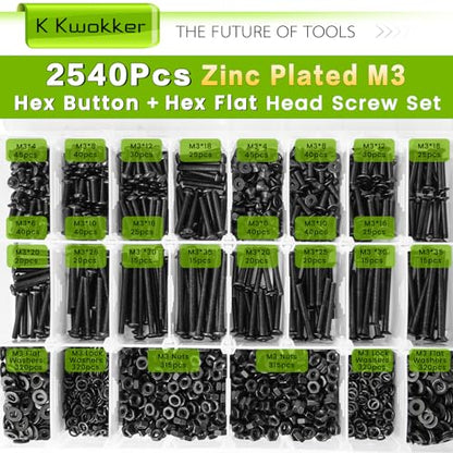 2540Pcs M3 Screw Kit 4MM to 35MM, M3 Button Head Screws & Flat Head Screws, Upgraded Zinc Plated Assorted Nuts and Bolts Assortment Kit Black M3 Screws with Nuts, Washer and Lock Washers - size: M. M3