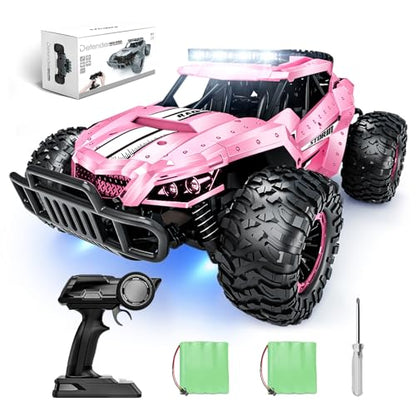 Tecnock Pink RC Car 1/16 Scale Remote Control Car for Girls, High Speed 20 Km/h All Terrains Rc Monster Truck with Two Rechargeable Batteries & Head Chassis Lights Gift Toy for Kids Adults - color: Pink