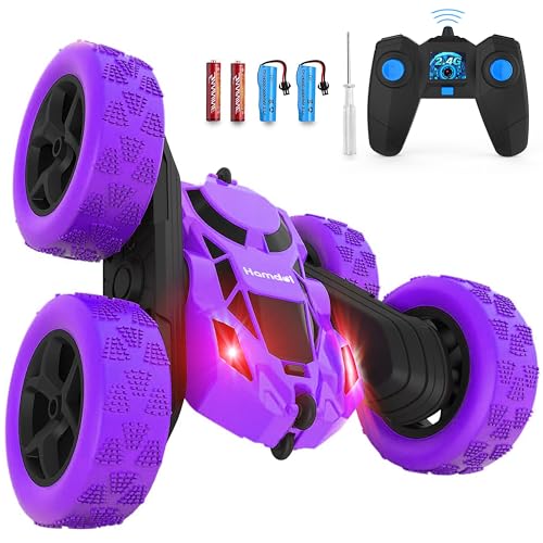 Hamdol Remote Control Car for Kids, 360° Spinning RC Stunt Car with Lights, 4WD Electric Off-Road Vehicle, 2.4GHz Rechargeable Toy Cars for Boys Girls Age 6 7 8 9 10 11 12, Birthday - color: Purple, size: Standard (Headlights)