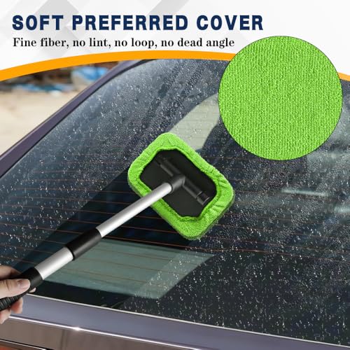 Windshield Cleaning Tool, Car Window Cleaner, Vehicle Window Cleaner with Extendable Handle & 2 Washable Microfiber Pads, Car Interior Glass Wiper Cleaning Kit for Most Vehicles (Green) - color: Green