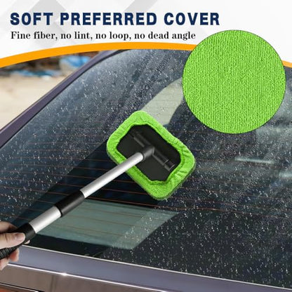 Windshield Cleaning Tool, Car Window Cleaner, Vehicle Window Cleaner with Extendable Handle & 2 Washable Microfiber Pads, Car Interior Glass Wiper Cleaning Kit for Most Vehicles (Green) - color: Green