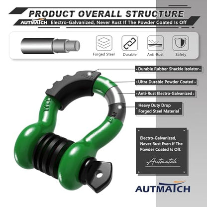 AUTMATCH 3/4" D Ring Shackles (2-Pack) - 41,887 lbs Break Strength | Clevis Shackle with 7/8" Pin & Isolator Washer Kit for Tow Strap, Winch, Towing & Off-Road Vehicle Recovery, Dark Green - color: Dark Green & Black