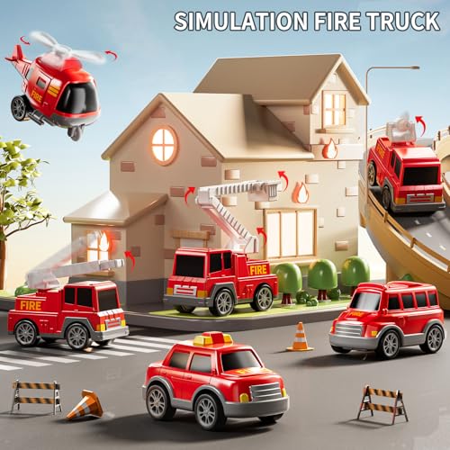 JUKUDAHU 7-in-1 Fire Trucks for Kids - Transport Truck for Boys | Sound and Light, Kids Toys for Ages 4-6, Birthday Gifts for Boys Girls Ages 5-7 4-8 Year Old - style: 7 IN 1 Fire Truck
