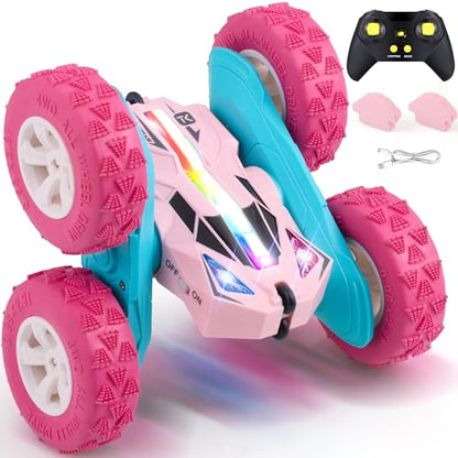 Threeking Pink Remote Control Cars RC Stunt Flip Car Crawler Toys Girls 6+ | Quick-Swap Modular Battery, Double-Sided Stunt RC Car, Durable, Auto Demo, Soft Lights – Gifts for Kids Ages 6-12 - color: Pink