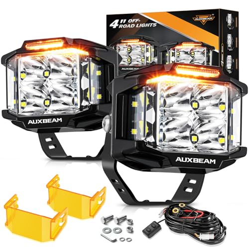 Auxbeam V-MAX Series 4'' 92W Cube LED Pod 270° Side Shooter Offroad Light | Spot Flood Combo Light Pod with DRL, 92W 8960LM,3 Lighting Modes, Amber Covers, 1Lux@476m, Auxiliary Ditch Light, Easy To Use - color: 4in Cube LED Pod