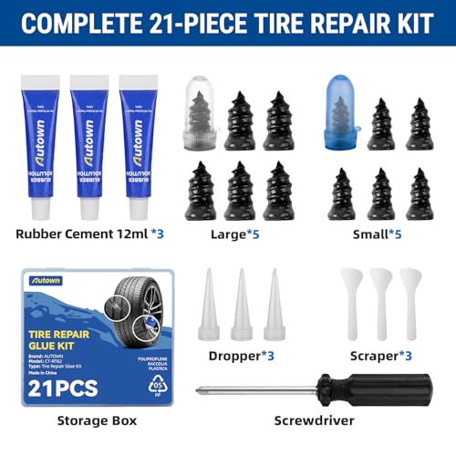 AUTOWN 21PCS Tire Repair Rubber Nail Kit - Complete Screw Plug Kit with Glue, Fast Fix for Flat Tires on Car, Truck, Motorcycle, SUV & More - size: 21PCS