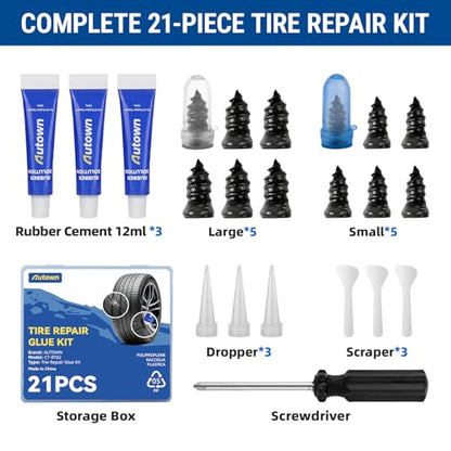 AUTOWN 21PCS Tire Repair Rubber Nail Kit - Complete Screw Plug Kit with Glue, Fast Fix for Flat Tires on Car, Truck, Motorcycle, SUV & More - size: 21PCS