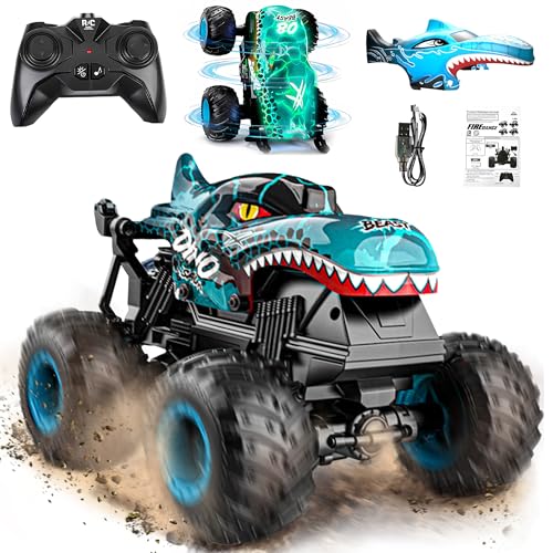 BEZGAR Monster Truck Toys, 1:20 Remote Control Car with Two Shell | Blue Dinosaur Toys, RC Truck with 360° Spins and Drifting, Toy Car Gifts for Boys with Light and Music, 20 Mins Battery Life - color: Two Shells