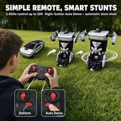 2.4GHz RC Cyber Pickup, Transforming Robot Stunt Car | ABS shell, rubber tires, 360° spin, one‑key deformation, auto demo, white front & red rear LED bar, 2 rechargeable batteries - color: Silver - Cyber