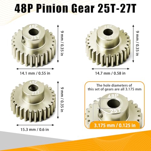 3PCS 48P Pinion Gear Set 7075 Aluminum Alloy 3.175mm Shaft 25T 26T 27T with Screws & Hex for 1/10 RC Arrma Traxxas HPI Sakura Losi Axial SCX10 Tamiya Monster Truck Buggy Motor Gears Upgrade - size: 25 26 27T