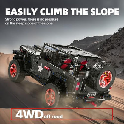 RC Off-Road SUV Wrangler Black Warrior Building Kits, 1/8 Scale Truck Car | with Remote Control Lights, Challenge Building Blocks Vehicle Gift for Technical Enthusiasts Adults & Teens Age 14+ (2272PCS)