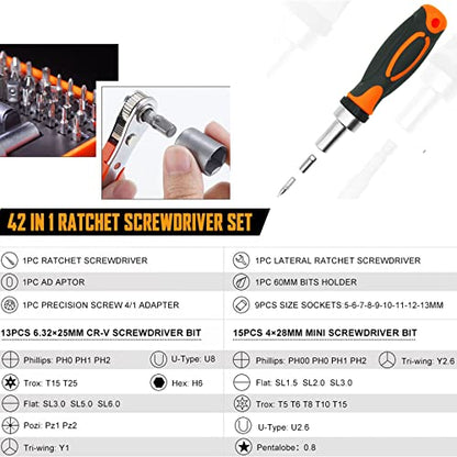 42 in 1 Ratcheting Screwdriver Set, Ratchet Wrench | Cr-V Steel, Rotatable Ratchet Handles ＆ Storage Case, Household Repair Tool Kits for Bike - style: 42pcs Ratchet Screwdriver
