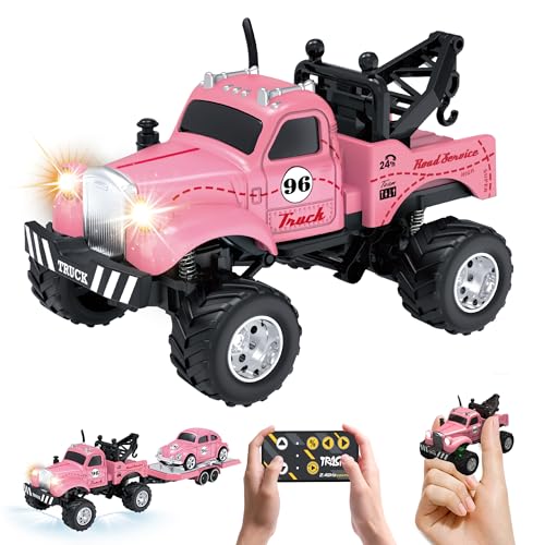 MOONTOY 1:64 Scale Mini Rc Rar Alloy RC Truck with LED Lights & Trailer | 2.4Ghz Remote and App Control Toy Car, 3-Speed Adjustment Pocket Mini Rc Car, Gift for Kids 4-8 Years and Adults (Pink) - color: Pink