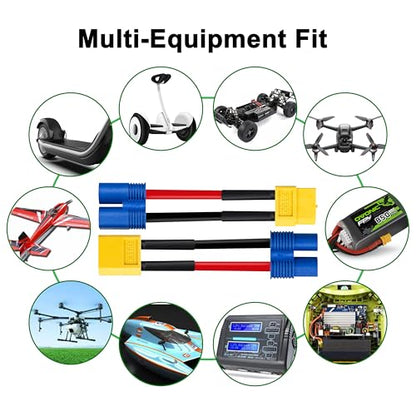 2-Inch 16AWG Silicone Wire XT60 Male to EC3 Female Adapter - High Temp 248°F, 600V, for FPV Drones, RC Cars, Battery Chargers & ESC