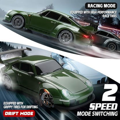 Drift RC Car Kit - 1/24 4WD 2.4GHz Remote Control Green Sports Car | with Widebody Design for Kids Beginner Drift Enthusiasts, LED Lights, Extra Racing Tires, 2 Rechargeable Batteries - color: Green