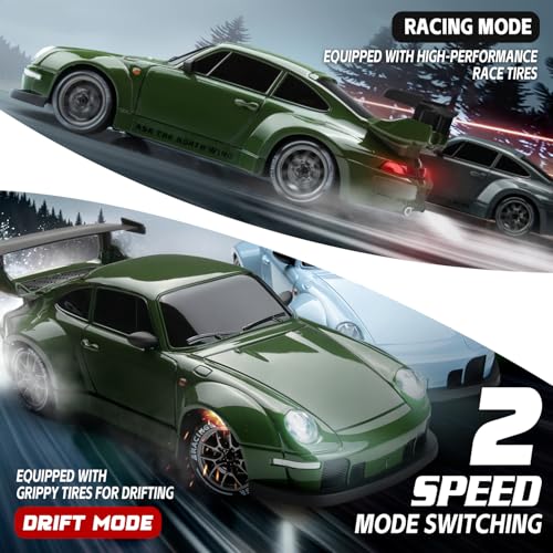 Drift RC Car Kit - 1/24 4WD 2.4GHz Remote Control Green Sports Car | with Widebody Design for Kids Beginner Drift Enthusiasts, LED Lights, Extra Racing Tires, 2 Rechargeable Batteries - color: Green
