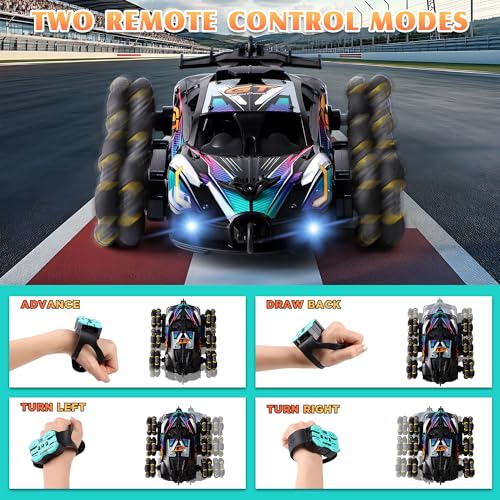Cool 6-Wheel Gesture RC Stunt Car for Kids Ages 6-12 | Gesture & Remote Dual Control RC Car for Boys Girls, Double-Sided Stunt Vehicle with Lights, Music & Spray Function - color: Black