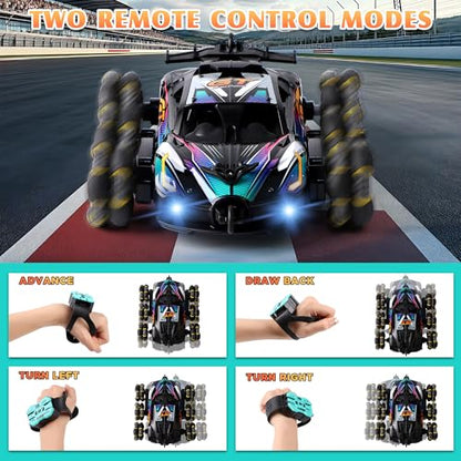 Cool 6-Wheel Gesture RC Stunt Car for Kids Ages 6-12 | Gesture & Remote Dual Control RC Car for Boys Girls, Double-Sided Stunt Vehicle with Lights, Music & Spray Function - color: Black
