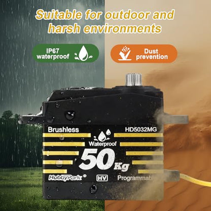 HobbyPark 50kg Servos Waterproof High Torque RC Steering Servo Brushless Motor Fast Speed Standard Size HV Stainless Steel Gears for 1/8 1/10 RC Crawler Car Truck Buggy Control Angle 180° Programmable