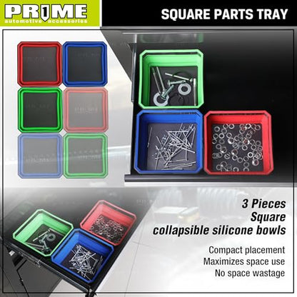 PR1ME Collapsible Magnetic Parts Tray Set, Foldable Magnetic Tray, 3 Pieces 4.25 inch Square Silicone Bowls with Magnetic Base Stores and Organizes Small Parts and Tools - size: Basic Trays