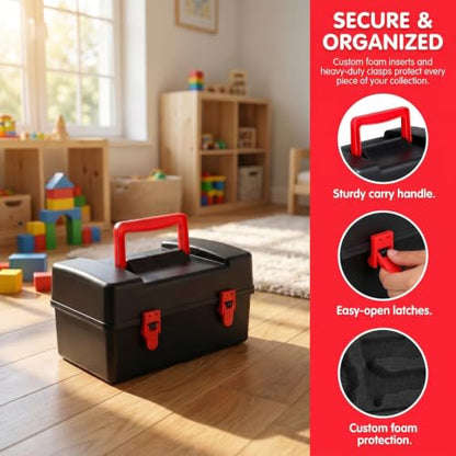 Battling Top Carrying Case, Portable Plastic Storage Box Organizer with Foam Insert for Burst Spinning Tops and Launchers, Kid-Friendly Travel Toy Holder, Black, 8.65"