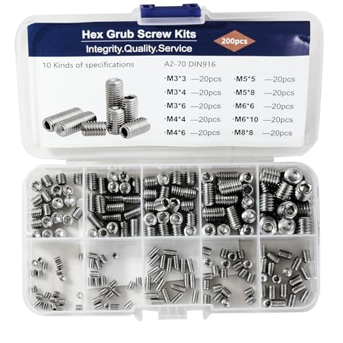 304 Stainless Steel Socket Set Screws Assortment Kit(200Pcs), M3 M4 M5 M6 M8 Hex Allen Head Grub Screws, Metric