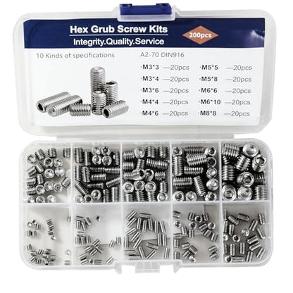 304 Stainless Steel Socket Set Screws Assortment Kit(200Pcs), M3 M4 M5 M6 M8 Hex Allen Head Grub Screws, Metric