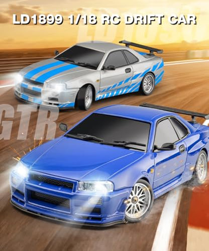 LD1899 1/18 Scale RC Drift Car, GTR R34 2.4GHz RWD Mini Model Car with Gyro, Alloy Body Shell Racing Cars for Adults Toys (Blue) - color: Blue