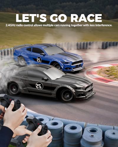 Mustang RC Car, 1:20 Remote Control Cars for Boys Kids | LED Lights, 2.4GHz, 4WD, Drifting Tires, 2 Batteries, Roadblock, Racing Sports Gift Idea - color: Gray