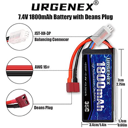 7.4V Lipo Battery 2S 35C 1800mAh Rechargeable RC Battery Pack with Deans T Plug Campatibal with Most 1/10, 1/16 Scale RC Cars Trucks and 7.4V 1to2 USB Lipo Battery Charger