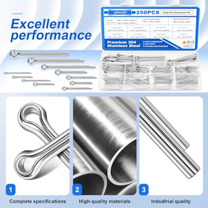 250PCS Cotter Pin Assortment Kit, 12 Sizes, 304 Stainless Steel, Hardware Pins for Trailer, Truck, Tractor, Automotive, Hitch and Locking Systems - size: 250Pcs - 12 Sizes