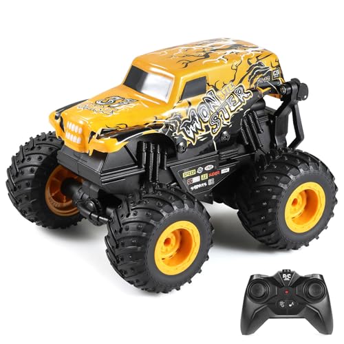 DYODYORC Remote Control Car, 2.4Ghz All Terrain Monster Truck Toys, RC Truck with Music, 3 Lighting Effects, 360 Stunt Capable, 2 Batteries Ready to Run, Toy Gifts for Boys and Girls (Yellow) - color: Yellow Monster